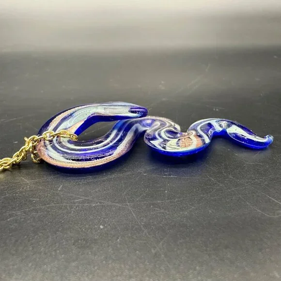 Art Glass Snake Pendant Necklace Gold Toned Chain Blue Copper Lampwork Serpent - Picture 5 of 9